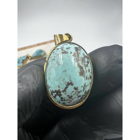 8 Natural Persian Turquoise Pendants Metal Brass Bulk Lot - Picture 8 of 10